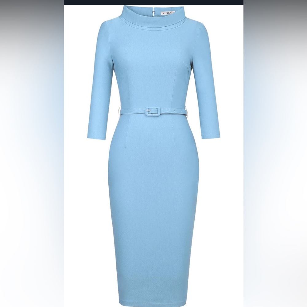 Elegant Blue Sheath Dress with Crew Neck and 3/4 Sleeves